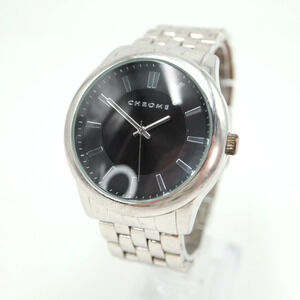 Chrome Mens Watch 45mm Silver Tone Black Gray Dial Stainless Steel w New Battery